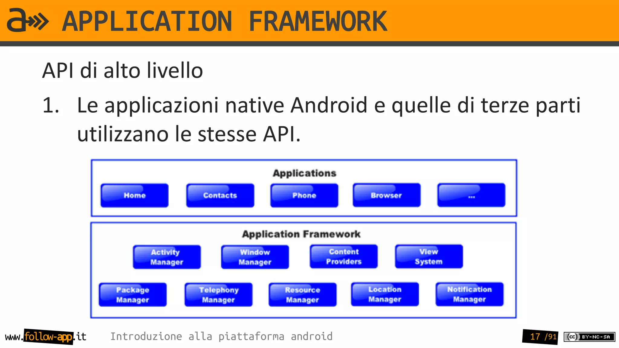 APPLICATION FRAMEWORK
       API di alto livello
       1. Le applicazioni native Android e quelle di terze parti
          utilizzano le stesse API.




www.follow-app.it   Introduzione alla piattaforma android   17 /91
 