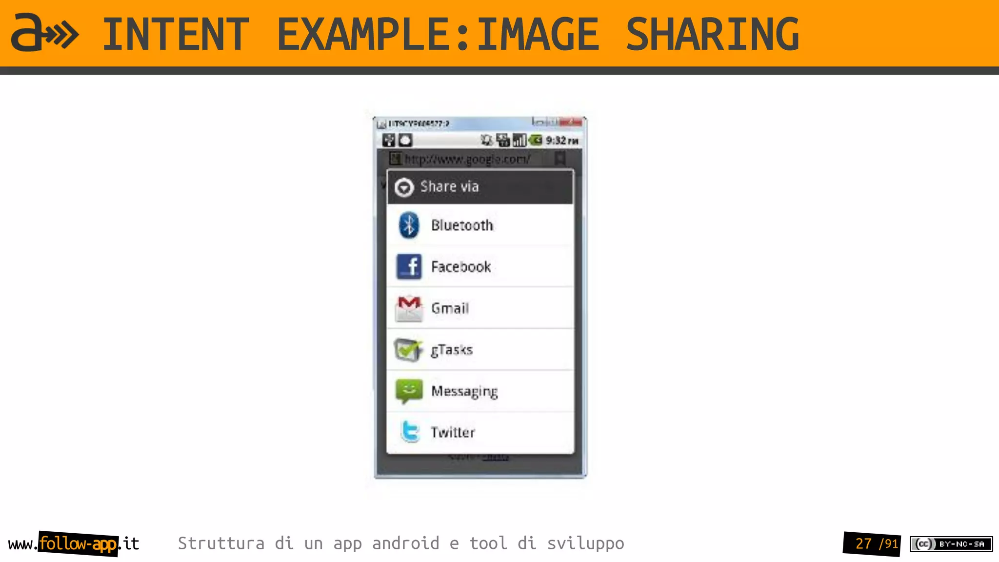INTENT EXAMPLE:IMAGE SHARING




www.follow-app.it   Struttura di un app android e tool di sviluppo   27 /91
 