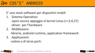COS’E’ ANDROID
       E’ uno stack software per dispositivi mobili
       1. Sistema Operativo:
           -open source appoggia al kernel Linux (>=2.6.27)
           -driver per l’hardware
       2. Middleware:
          -librerie, android runtime, application framework
       3. Applicazioni:
          -native o di terze parti.

www.follow-app.it   Introduzione alla piattaforma android     14 /91
 