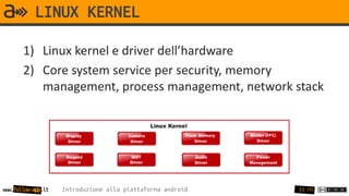 LINUX KERNEL

       1) Linux kernel e driver dell’hardware
       2) Core system service per security, memory
          management, process management, network stack




www.follow-app.it   Introduzione alla piattaforma android   15 /91
 