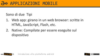 APPLICAZIONI MOBILE

      Sono di due Tipi
      1. Web app: girano in un web browser: scritte in
         HTML, JavaScript, Flash, etc.
      2. Native: Compilate per essere eseguite sul
         dispositivo



www.follow-app.it   Introduzione alla piattaforma android   18 /91
 