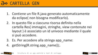 CARTELLA GEN

       1. Contiene un file R.java generato automaticamente
          da eclipse( non bisogna modificarlo).
       2. In questo file a ciascuna risorsa definita nella
          cartella Res( immagini, stringhe, view contenute nei
          layout ) è associato un id univoco mediante il quale
          si può accedere.
       3. Es. Per accedere alla stringa app_name:
       4. getString(R.string.app_name));.
www.follow-app.it   Struttura di un app android e tool di sviluppo   44 /91
 