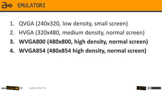 EMULATORI

      1.     QVGA (240x320, low density, small screen)
      2.     HVGA (320x480, medium density, normal screen)
      3.     WVGA800 (480x800, high density, normal screen)
      4.     WVGA854 (480x854 high density, normal screen)




www.follow-app.it   Laboratorio                        54 /91
 