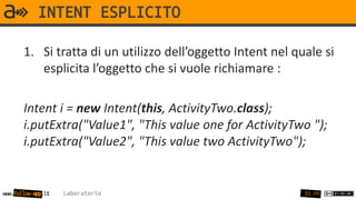 INTENT ESPLICITO

       1. Si tratta di un utilizzo dell’oggetto Intent nel quale si
          esplicita l’oggetto che si vuole richiamare :

       Intent i = new Intent(this, ActivityTwo.class);
       i.putExtra("Value1", "This value one for ActivityTwo ");
       i.putExtra("Value2", "This value two ActivityTwo");


www.follow-app.it   Laboratorio                              55 /91
 