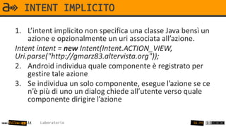 INTENT IMPLICITO
       1. L’intent implicito non specifica una classe Java bensì un
           azione e opzionalmente un uri associata all’azione.
       Intent intent = new Intent(Intent.ACTION_VIEW,
       Uri.parse("http://gmarz83.altervista.org"));
       2. Android individua quale componente è registrato per
           gestire tale azione
       3. Se individua un solo componente, esegue l’azione se ce
           n’è più di uno un dialog chiede all’utente verso quale
           componente dirigire l’azione

www.follow-app.it   Laboratorio                              56 /91
 