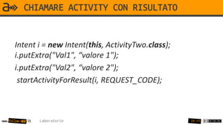 CHIAMARE ACTIVITY CON RISULTATO


       Intent i = new Intent(this, ActivityTwo.class);
       i.putExtra("Val1", “valore 1");
       i.putExtra("Val2", “valore 2");
        startActivityForResult(i, REQUEST_CODE);



www.follow-app.it   Laboratorio                          59 /91
 