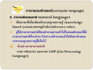 ภาษาคอมพิว๶ตอร์(computer language)
5. ภาษาระดับธรรมชาติ (natural language)
 เป็ นภาษาที่เกี่ยวข้องกับระบบฐานความรู้ (knowledge
based system)และกฎอ้างอิง(inference rules)
 ผู้ใช้ภาษาธรรมชาติป้ อนคาถามผ่านเข้าไปในคอมพิวเตอร์ที่มี
ภาษาธรรมชาติก็จะทาการวิเคราะห์คาถามแล้วไปค้นหาคาตอบ
จากระบบฐานความรู้ที่เก็บไว้
 ตัวอย่างภาษาธรรมชาติ
ภาษา PROLOG และภาษา LISP (List Processing
Language)
 