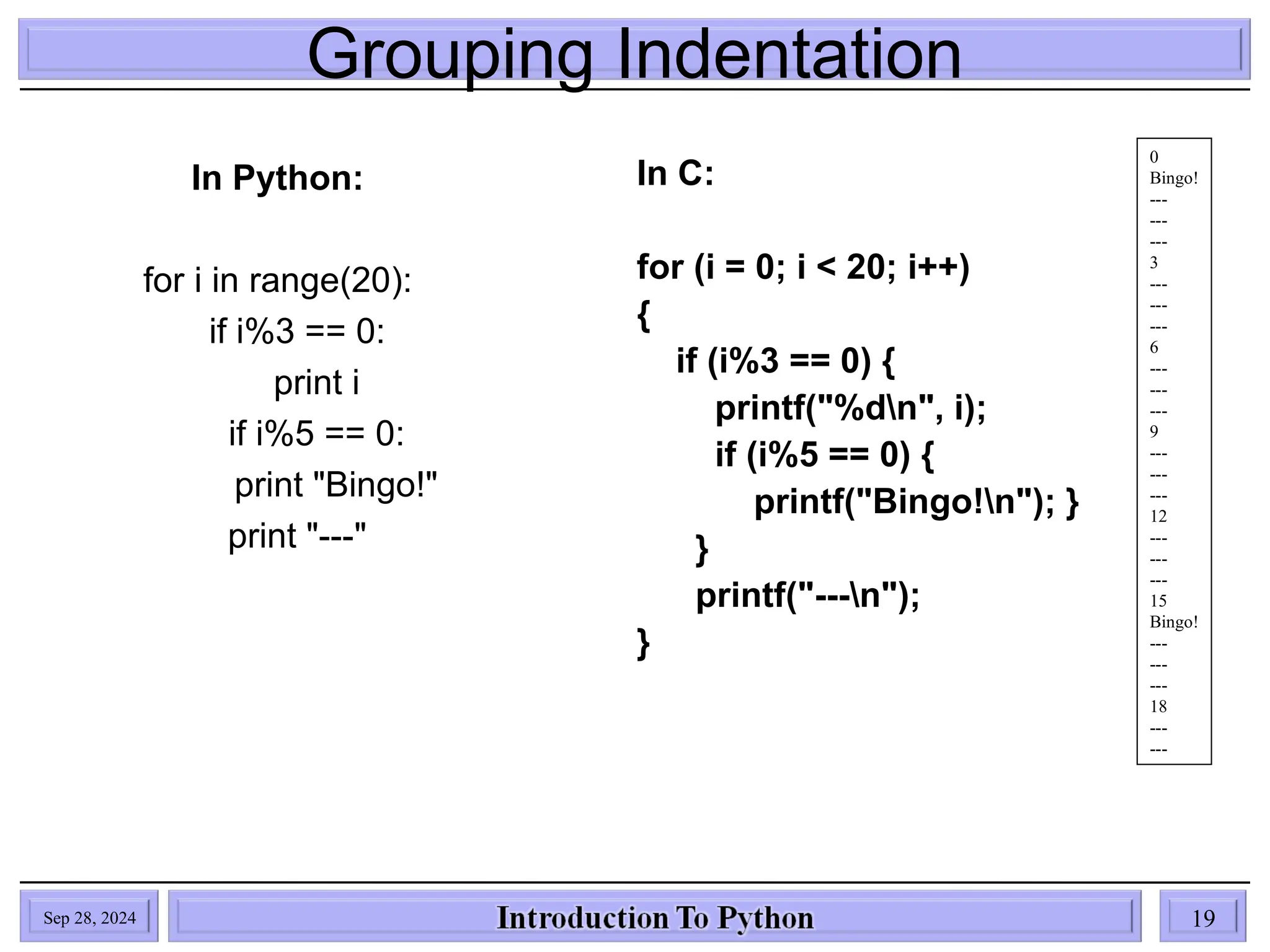 Grouping Indentation
Sep 28, 2024 19
In Python:
for i in range(20):
if i%3 == 0:
print i
if i%5 == 0:
print "Bingo!"
print "---"
In C:
for (i = 0; i < 20; i++)
{
if (i%3 == 0) {
printf("%dn", i);
if (i%5 == 0) {
printf("Bingo!n"); }
}
printf("---n");
}
0
Bingo!
---
---
---
3
---
---
---
6
---
---
---
9
---
---
---
12
---
---
---
15
Bingo!
---
---
---
18
---
---
 