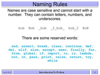 Naming Rules
Names are case sensitive and cannot start with a
number. They can contain letters, numbers, and
underscores.
bob Bob _bob _2_bob_ bob_2 BoB
There are some reserved words:
and, assert, break, class, continue, def,
del, elif, else, except, exec, finally, for,
from, global, if, import, in, is, lambda,
not, or, pass, print, raise, return, try,
while
Sep 28, 2024 15
 