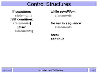 Control Structures
Sep 28, 2024 18
if condition:
statements
[elif condition:
statements] ...
[else:
statements]
while condition:
statements
for var in sequence:
statements
break
continue
 