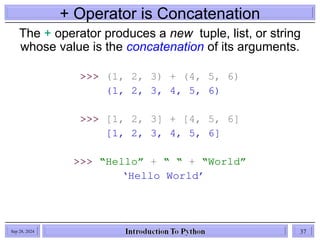 + Operator is Concatenation
The + operator produces a new tuple, list, or string
whose value is the concatenation of its arguments.
>>> (1, 2, 3) + (4, 5, 6)
(1, 2, 3, 4, 5, 6)
>>> [1, 2, 3] + [4, 5, 6]
[1, 2, 3, 4, 5, 6]
>>> “Hello” + “ “ + “World”
‘Hello World’
Sep 28, 2024 37
 