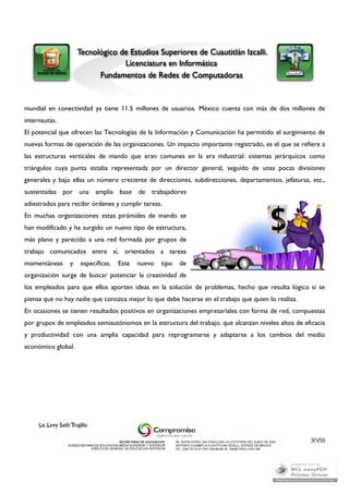 mundial en conectividad ya tiene 11.5 millones de usuarios. México cuenta con más de dos millones de 
internautas. 
El potencial que ofrecen las Tecnologías de la Información y Comunicación ha permitido el surgimiento de 
nuevas formas de operación de las organizaciones. Un impacto importante registrado, es el que se refiere a 
las estructuras verticales de mando que eran comunes en la era industrial: sistemas jerárquicos como 
triángulos cuya punta estaba representada por un director general, seguido de unas pocas divisiones 
generales y bajo ellas un número creciente de direcciones, subdirecciones, departamentos, jefaturas, etc., 
sustentadas por una amplia base de trabajadores 
adiestrados para recibir órdenes y cumplir tareas. 
En muchas organizaciones estas pirámides de mando se 
han modificado y ha surgido un nuevo tipo de estructura, 
más plano y parecido a una red formada por grupos de 
trabajo comunicados entre sí, orientados a tareas 
momentáneas y específicas. Este nuevo tipo de 
organización surge de buscar potenciar la creatividad de 
los empleados para que ellos aporten ideas en la solución de problemas, hecho que resulta lógico si se 
piensa que no hay nadie que conozca mejor lo que debe hacerse en el trabajo que quien lo realiza. 
En ocasiones se tienen resultados positivos en organizaciones empresariales con forma de red, compuestas 
por grupos de empleados semiautónomos en la estructura del trabajo, que alcanzan niveles altos de eficacia 
y productividad con una amplia capacidad para reprogramarse y adaptarse a los cambios del medio 
económico global. 
XVIII 
 