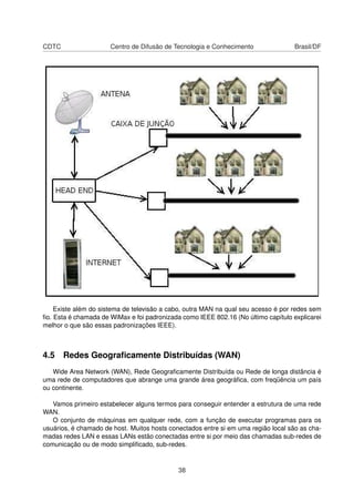 CDTC Centro de Difusão de Tecnologia e Conhecimento Brasil/DF
Existe além do sistema de televisão a cabo, outra MAN na qual seu acesso é por redes sem
ﬁo. Esta é chamada de WiMax e foi padronizada como IEEE 802.16 (No último capítulo explicarei
melhor o que são essas padronizações IEEE).
4.5 Redes Geograﬁcamente Distribuídas (WAN)
Wide Area Network (WAN), Rede Geograﬁcamente Distribuída ou Rede de longa distância é
uma rede de computadores que abrange uma grande área geográﬁca, com freqüência um país
ou continente.
Vamos primeiro estabelecer alguns termos para conseguir entender a estrutura de uma rede
WAN.
O conjunto de máquinas em qualquer rede, com a função de executar programas para os
usuários, é chamado de host. Muitos hosts conectados entre si em uma região local são as cha-
madas redes LAN e essas LANs estão conectadas entre si por meio das chamadas sub-redes de
comunicação ou de modo simpliﬁcado, sub-redes.
38
 