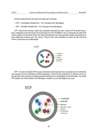 CDTC Centro de Difusão de Tecnologia e Conhecimento Brasil/DF
Existem basicamente dois tipos de cabos par trançado:
• UTP - Unshielded Twisted Pair - Par Trançado Sem Blindagem
• STP - Shielded Twisted Pair - Par Trançado Com Blindagem
UTP - Este é sem dúvida o cabo mais utilizado neste tipo de rede, o cabo UTP é de fácil manu-
seio, instalação e permite taxas de transmissão em até 100 Mbps e com a utilização do cabo CAT
5 são usados normalmente tanto nas redes domésticas como nas grandes redes coorporativas e
para distâncias maiores que 150 metros. Hoje em dia, são utilizados os cabos de ﬁbra ótica de
menor custo para sua implantação.
STP - O cabo brindado STP é pouco utilizado sendo basicamente necessários em ambientes
com grande nível de interferência eletromagnética. Deve-se dar preferência a sistemas com ca-
bos de ﬁbra ótica quando se deseja grandes distâncias ou velocidades de transmissão. Os cabos
STP podem ser encontrados com blindagem simples ou com blindagem par a par.
62
 