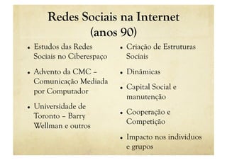 Redes Sociais na Internet
                (anos 90)
    Estudos das Redes            Criação de Estruturas
     Sociais no Ciberespaço        Sociais
    Advento da CMC –             Dinâmicas
     Comunicação Mediada
                                  Capital Social e
     por Computador
                                   manutenção
    Universidade de
     Toronto – Barry              Cooperação e
                                   Competição
     Wellman e outros
                                  Impacto nos indivíduos
                                   e grupos
 