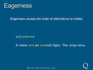 Word BoundariesThe \B shorthand character class is the negated word boundary – any position between to word characters or two non-word characters.\Bat\Bvacation evacuation at thattime ate my evaluation