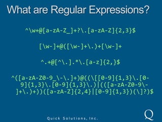 What are Regular Expressions?^\w+@[a-zA-Z_]+?\.[a-zA-Z]{2,3}$[\w-]+@([\w-]+\.)+[\w-]+^.+@[^\.].*\.[a-z]{2,}$^([a-zA-Z0-9_\-\.]+)@((\[[0-9]{1,3}\.[0-9]{1,3}\.[0-9]{1,3}\.)|(([a-zA-Z0-9\-]+\.)+))([a-zA-Z]{2,4}|[0-9]{1,3})(\]?)$