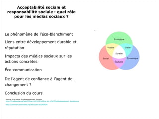 Acceptabilité sociale et
responsabilité sociale : quel rôle
pour les médias sociaux ?
Le phénomène de l’éco-blanchiment
Liens entre développement durable et
réputation
Impacts des médias sociaux sur les
actions concrètes
Éco-communication
De l’agent de confiance à l’agent de
changement ?
Conclusion du cours
Source du schéma du développement durable
http://fr.wikipedia.org/wiki/Fichier:Sch%C3%A9ma_du_d%C3%A9veloppement_durable.svg
http://commons.wikimedia.org/wiki/User:VIGNERON
 
