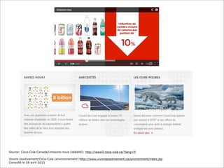 Source: Coca-Cola Canada/Unissons-nous (obésité): http://www2.coca-cola.ca/?lang=fr
Vivons positivement/Coca-Cola (environnement) http://www.vivonspositivement.ca/environment/index.jsp
Consulté le 28 avril 2013
 