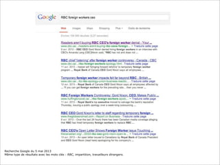 Recherche Google du 5 mai 2013
Même type de résultats avec les mots clés : RBC, impartition, travailleurs étrangers.
 