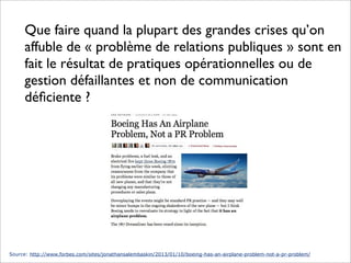 Source: http://www.forbes.com/sites/jonathansalembaskin/2013/01/10/boeing-has-an-airplane-problem-not-a-pr-problem/
Que faire quand la plupart des grandes crises qu’on
affuble de « problème de relations publiques » sont en
fait le résultat de pratiques opérationnelles ou de
gestion défaillantes et non de communication
déﬁciente ?
 