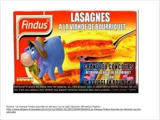 Source: La marque Findus tournée en dérision sur le web (Quentin Périnel/Le Figaro)
http://www.lefigaro.fr/societes/2013/02/12/20005-20130212DIMFIG00643-la-marque-findus-tournee-en-derision-sur-le-
web.php
 