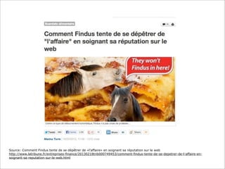 Source: Comment Findus tente de se dépêtrer de «l’affaire» en soignant sa réputation sur le web
http://www.latribune.fr/entreprises-finance/20130218trib000749453/comment-findus-tente-de-se-depetrer-de-l-affaire-en-
soignant-sa-reputation-sur-le-web.html
 