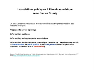 Les relations publiques à l’ère du numérique
selon James Grunig
On peut utiliser les «nouveaux médias» selon les quatre grands modèles des
relations publiques
Propagande (press agentry)
Information publique
Information bidirectionnelle asymétrique
Information bidirectionnelle symétrique (modèle de l’excellence en RP où
la conversation, la participation et le changement dans l’organisation
prennent le dessus sur la persuasion)
Source: The Shifting Paradigm of Public Relations Under Digitalization (J. E Grunig). Voir présentation PPT
dans http://www.prconversations.com/?p=592
 