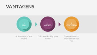 VANTAGENS
1
CONTEÚDO
1
CÓDIGO
1
URL
O mesmo conteúdo
onde quer que seja
visto
Única base de código para
manter
Acabam-se os m.* e os
/mobile
 