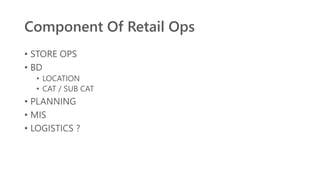 Component Of Retail Ops
• STORE OPS
• BD
• LOCATION
• CAT / SUB CAT
• PLANNING
• MIS
• LOGISTICS ?
 
