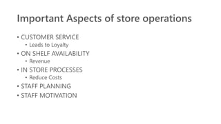 Important Aspects of store operations
• CUSTOMER SERVICE
• Leads to Loyalty
• ON SHELF AVAILABILITY
• Revenue
• IN STORE PROCESSES
• Reduce Costs
• STAFF PLANNING
• STAFF MOTIVATION
 