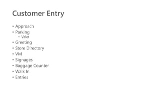 Customer Entry
• Approach
• Parking
• Valet
• Greeting
• Store Directory
• VM
• Signages
• Baggage Counter
• Walk In
• Entries
 