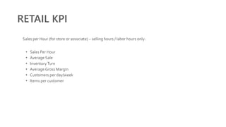 RETAIL KPI
Sales per Hour (for store or associate) – selling hours / labor hours only:
• Sales Per Hour
• Average Sale
• InventoryTurn
• Average Gross Margin
• Customers per day/week
• Items per customer
 