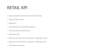 RETAIL KPI
• Sales compared to last year (or any other period):
• Sales per Square Foot:
• Wage Cost:
• Average Sale per Customer/Transaction:
• Units per Customer/Transaction:
• Conversion rate:
• Sales per Hour (for store or associate) – selling hours only:
• Sales per Hour (for store or associate) – total labor hours:
• Time Spent in the Store
 