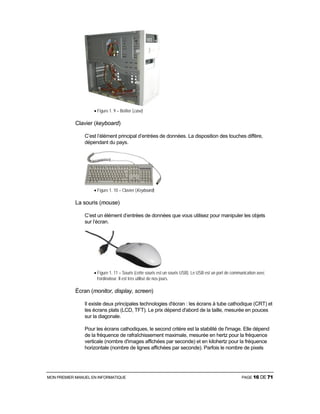 MON PREMIER MANUEL EN INFORMATIQUE PAGE 16 DE 71
• Figure 1. 9 – Boîtier (case)
Clavier (keyboard)
C’est l’élément principal d’entrées de données. La disposition des touches diffère,
dépendant du pays.
• Figure 1. 10 – Clavier (Keyboard)
La souris (mouse)
C’est un élément d’entrées de données que vous utilisez pour manipuler les objets
sur l’écran.
• Figure 1. 11 – Souris (cette souris est un souris USB). Le USB est un port de communication avec
l’ordinateur. Il est très utilisé de nos jours.
Écran (monitor, display, screen)
Il existe deux principales technologies d'écran : les écrans à tube cathodique (CRT) et
les écrans plats (LCD, TFT). Le prix dépend d'abord de la taille, mesurée en pouces
sur la diagonale.
Pour les écrans cathodiques, le second critère est la stabilité de l'image. Elle dépend
de la fréquence de rafraîchissement maximale, mesurée en hertz pour la fréquence
verticale (nombre d'images affichées par seconde) et en kilohertz pour la fréquence
horizontale (nombre de lignes affichées par seconde). Parfois le nombre de pixels
 