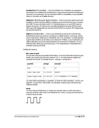 MON PREMIER MANUEL EN INFORMATIQUE PAGE 20 DE 71
Parallel Port (Port parallèle) – c’est une interface d’un ordinateur qui supporte la
transmission de multiples bits simultanément. Il est presqu’exclusivement utilisé pour
connecter une imprimante. Sur les ordinateurs IBM ou compatibles, le port parallèle
utilise un connector de 25 pins (bornes).
SCSI Port: Small Computer System Interface – C’est un port plus rapide que le port
parallèle ou serial mais plus difficile à configurer et souvent plus lent que le nouveau
port USB. On peut connecter entre 7 à 15 périphériques sur un port SCSI selon la
largeur de ses bus. On retrouve les nouvelles générations de ports SCSI pouvant
aller jusqu’à 80 mégaoctets par seconde (Ultra SCSI-2) ou jusqu’à 160 mégaoctects
par seconde (SCSI-3).
USB:Universal Serial Bus – C’est un port standard qui permet de connecter des
périphériques (tels que cameras numériques ou digital cameras, scanneurs, clavier,
souris, imprimante, USB drive ou FlashDrive, etc.) à un ordinateur. Le USB standard
support des transferts de données à une vitesse de 12 Mbps, ce qui représente une
nette amélioration sur le port serial standard qu’il commence à remplacer. Un port
USB peut être utilisé pour connecter jusqu’`a 127 périphériques. Graduellement, il
remplace aussi le port SCSI.
Unités de mesure
Bit, octet et byte
Ce sont des mesures de quantité d'information. Un bit est l'information binaire la plus
simple, qui ne peut avoir que deux valeurs, 0 ou 1. Un octet (byte en anglais) est
composé de huit bits. On abrège bit par b, octet par o et byte par B.
quantité abrégé exemple
3 bits 3 b 101
1 octet = 1 byte = 8 bits 1 o = 1 B = 8 b 10001001
4 octets = 4 bytes = 32 bits 4 o = 4 B = 32 b 11111111 00000000 11111111 00000000
Un octet suffit à représenter un caractère. Un texte de 1000 caractères - environ une
page A4 - occupe donc 1000 octets. Un ordinateur moderne peut mémoriser des
milliards d'octets.
Hertz
Le hertz mesure la fréquence, en cycles par seconde. Ainsi, si votre cœur bat un
coup par seconde, alors il bat à une fréquence de 1 hertz, 2 coups par seconde font
2 hertz et ainsi de suite.
 