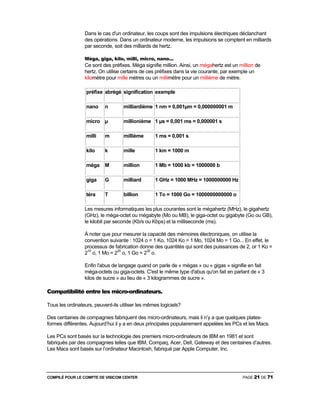 COMPILÉ POUR LE COMPTE DE VISICOM CENTER PAGE 21 DE 71
Dans le cas d'un ordinateur, les coups sont des impulsions électriques déclanchant
des opérations. Dans un ordinateur moderne, les impulsions se comptent en milliards
par seconde, soit des milliards de hertz.
Méga, giga, kilo, milli, micro, nano...
Ce sont des préfixes. Méga signifie million. Ainsi, un mégahertz est un million de
hertz. On utilise certains de ces préfixes dans la vie courante, par exemple un
kilomètre pour mille mètres ou un millimètre pour un millième de mètre.
préfixe abrégé signification exemple
nano n milliardième 1 nm = 0,001µm = 0,000000001 m
micro µ millionième 1 µs = 0,001 ms = 0,000001 s
milli m millième 1 ms = 0,001 s
kilo k mille 1 km = 1000 m
méga M million 1 Mb = 1000 kb = 1000000 b
giga G milliard 1 GHz = 1000 MHz = 1000000000 Hz
téra T billion 1 To = 1000 Go = 1000000000000 o
Les mesures informatiques les plus courantes sont le mégahertz (MHz), le gigahertz
(GHz), le méga-octet ou mégabyte (Mo ou MB), le giga-octet ou gigabyte (Go ou GB),
le kilobit par seconde (Kb/s ou Kbps) et la milliseconde (ms).
À noter que pour mesurer la capacité des mémoires électroniques, on utilise la
convention suivante : 1024 o = 1 Ko, 1024 Ko = 1 Mo, 1024 Mo = 1 Go... En effet, le
processus de fabrication donne des quantités qui sont des puissances de 2, or 1 Ko =
210
o, 1 Mo = 220
o, 1 Go = 230
o.
Enfin l'abus de langage quand on parle de « mégas » ou « gigas » signifie en fait
méga-octets ou giga-octets. C'est le même type d'abus qu'on fait en parlant de « 3
kilos de sucre » au lieu de « 3 kilogrammes de sucre ».
Compatibilité entre les micro-ordinateurs.
Tous les ordinateurs, peuvent-ils utiliser les mêmes logiciels?
Des centaines de compagnies fabriquent des micro-ordinateurs, mais il n’y a que quelques plates-
formes différentes. Aujourd’hui il y a en deux principales populairement appelées les PCs et les Macs.
Les PCs sont basés sur la technologie des premiers micro-ordinateurs de IBM en 1981 et sont
fabriqués par des compagnies telles que IBM, Compaq, Acer, Dell, Gateway et des centaines d’autres.
Les Macs sont basés sur l’ordinateur Macintosh, fabriqué par Apple Computer, Inc.
 