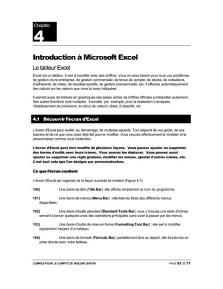 COMPILÉ POUR LE COMPTE DE VISICOM CENTER PAGE 53 DE 71
Introduction à Microsoft Excel
Le tableur Excel
Excel est un tableur. Il sert à travailler avec des chiffres. Vous en avez besoin pour tous vos problèmes
de gestion d’une entreprise, de gestion commerciale, de tenue de compte, de stocks, de cotisations,
d’adhérents, de notes, de résultats sportifs, de gestion prévisionnelle, etc. Il effectue automatiquement
des calculs sur les valeurs que vous lui avez indiquées.
Il permet aussi de traduire en graphiques des séries arides de chiffres difficiles a interpréter autrement.
Ses autres fonctions sont multiples. Il excelle, par, exemple, pour la réalisation d’analyses,
l’établissement de prévisions, le calcul de valeurs cibles, d’objectifs, etc.
4.1 Découvrir l’écran d’Excel
L’écran d'Excel peut revêtir, au démarrage, de multiples aspects. Tout dépend de vos goûts, de vos
besoins et de ce que vous avez déjà fait pour le modifier. Vous pouvez effectivement le modeler et le
personnaliser comme vous l'entendez.
L’écran d'Excel peut être modifié de plusieurs façons. Vous pouvez ajouter ou supprimer
des barres d'outils avec leurs icônes. Vous pouvez les déplacer. Vous pouvez aussi
ajouter ou supprimer une règle graduée, modifier les menus, ajouter d'autres icônes, etc.
C'est tout cela que l'on désigne par personnalisation.
Ce que l’écran contient
L'écran d'Excel est organisé de la façon suivante et contient (Figure 4.1):
100) Une barre de titre (Title Bar): elle affiche simplement le nom du programme.
101) Une barre de menus (Menu Bar) : elle liste les titres des différents menus
disponibles.
102) Une barre d'outils standard (Standard Tools Bar): vous y trouvez une série d’icônes
servant à lancer quelques-unes des opérations principales sans avoir à passer par les menus.
103) Une barre d'outils de mise en forme (Formatting Tool Bar) : elle sert à modifier
rapidement l'aspect d'un tableau.
104) Une barre de formule (Formula Bar): partiellement libre au départ, elle fonctionne en
prise directe avec votre tableau.
Chapitre
4
 
