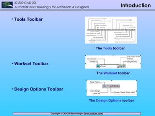 Copyright © CADCIM Technologies (www.cadcim.com)Copyright © CADCIM Technologies (www.cadcim.com)
ID 230 CAD 3D
Autodesk Revit Building 9 for Architects & Designers Introduction
• Tools Toolbar
The Tools toolbar
• Workset Toolbar
The Workset toolbar
• Design Options Toolbar
The Design Options toolbar
 