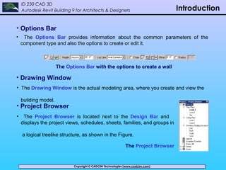 Copyright © CADCIM Technologies (www.cadcim.com)Copyright © CADCIM Technologies (www.cadcim.com)
ID 230 CAD 3D
Autodesk Revit Building 9 for Architects & Designers Introduction
• Options Bar
The Options Bar with the options to create a wall
• Drawing Window
• The Drawing Window is the actual modeling area, where you create and view the
building model.
• Project Browser
The Project Browser
• The Options Bar provides information about the common parameters of the
component type and also the options to create or edit it.
• The Project Browser is located next to the Design Bar and
displays the project views, schedules, sheets, families, and groups in
a logical treelike structure, as shown in the Figure.
 