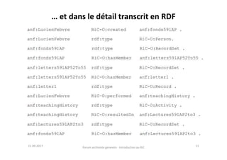… et dans le détail transcrit en RDF
11.09.2017 11Forum archiviste genevois - Introduction au RiC
 