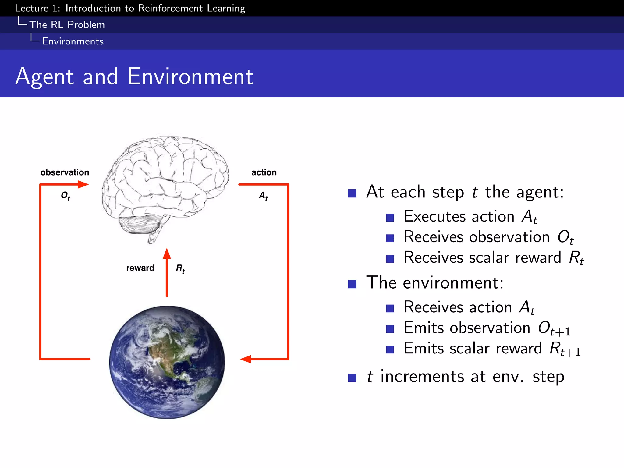 Lecture 1: Introduction to Reinforcement Learning
The RL Problem
Environments
Agent and Environment
observation
reward
action
At
Rt
Ot
At each step t the agent:
Executes action At
Receives observation Ot
Receives scalar reward Rt
The environment:
Receives action At
Emits observation Ot+1
Emits scalar reward Rt+1
t increments at env. step
 