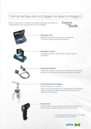Ferramentas de montagem e desmontagem
Montar e desmontar um rolamento: são etapas essenciais que determinam
a longevidade e o bom funcionamento de sua instalação.
Montagem a frio:
Maleta de ferramentas para montar os rolamentos
com toda a segurança, rapidez e precisão.
Montagem a quente:
Aquecimento indutivo: rápido, prático, simples, seguro
e ecológico.
Montagem hidráulica:
Precisa, sem esforço, graças à porca hidráulica, sempre pronta
para usar com sua função de “retorno automático do pistão”.
Ferramentas de desmontagem:
Extrator hidráulico ou mecânico:
Todos os tipos de extratores (2 ou 3 garras) para uma utilização
segura e adequada, independentemente da posição e das
dimensões do rolamento.
Instrumentos:
Medida simples, segura e precisa da temperatura operacional
de sua máquina, graças ao termômetro com mira laser.
E muitas outras ferramentas para a montagem
e a manipulação dos rolamentos.
9
 
