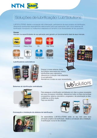 Soluções de lubrificação: Lub’Solutions
LUB’SOLUTIONS: desde a concepção até a fabricação, participamos de seus projetos de lubrificação,
oferecendo lubrificantes especialmente selecionados para suas aplicações, bem como sistemas de
lubrificação monoponto ou multipontos adaptados ao tamanho e às necessidades de seu processo.
Graxas
Atendem às especificidades de sua aplicação para garantir um funcionamento ideal de seus mancais.
Universal Heavy Duty Vib High Temp
Ultra High Temp Food High Speed+ Chain Oil
Lubrificadores automáticos
Graças à nossa extensa oferta
tecnológica associada aos nossos
lubrificantes para rolamentos,
oferecemos a solução mais adaptada
à sua aplicação.
Atendemos a todas as suas necessidades.
Para assegurar a lubrificação centralizada com óleo ou graxa necessária
aos seus processos industriais, oferecemos todos os tipos de bombas
e acessórios: sistema volumétrico, progressivo, de pulverização ar-óleo,
multilinhas ou linha dupla.
Faça sua escolha!
Os especialistas LUB’SOLUTIONS estão ao seu lado para seus
principais projetos de lubrificação, desde a concepção até a instalação.
A lubrificação nunca foi tão simples!
Sistemas de lubrificação centralizada
Concepção e instalação do sistema de lubrificação
10
 