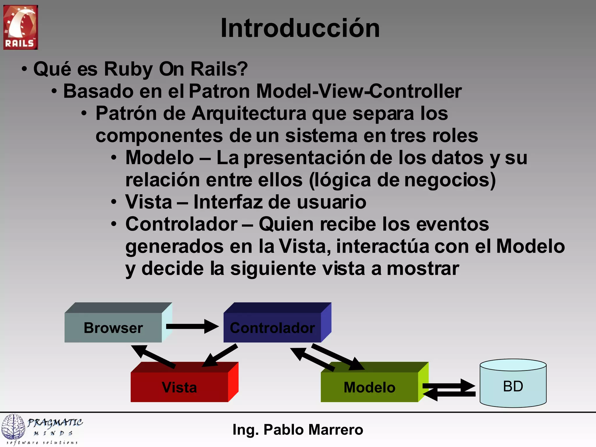 Introducción Ing. Pablo Marrero Qué es Ruby On Rails? Basado en el Patron Model-View-Controller Patrón de Arquitectura que separa los componentes de un sistema en tres roles  Modelo – La presentación de los datos y su relación entre ellos (lógica de negocios) Vista – Interfaz de usuario Controlador – Quien recibe los eventos generados en la Vista, interactúa con el Modelo y decide la siguiente vista a mostrar Modelo Vista Controlador Browser BD 