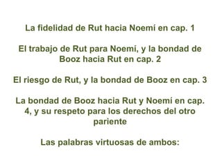 La fidelidad de Rut hacia Noemí en cap. 1

 El trabajo de Rut para Noemí, y la bondad de
            Booz hacia Rut en cap...