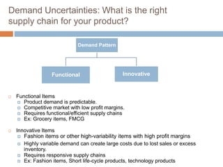 Demand Uncertainties: What is the right
supply chain for your product?
 Functional Items
 Product demand is predictable.
 Competitive market with low profit margins.
 Requires functional/efficient supply chains
 Ex: Grocery items, FMCG
 Innovative Items
 Fashion items or other high-variability items with high profit margins
 Highly variable demand can create large costs due to lost sales or excess
inventory.
 Requires responsive supply chains
 Ex: Fashion items, Short life-cycle products, technology products
Demand Pattern
Functional Innovative
 