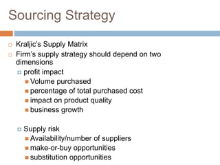 Sourcing Strategy
 Kraljic’s Supply Matrix
 Firm’s supply strategy should depend on two
dimensions
 profit impact
 Volume purchased
 percentage of total purchased cost
 impact on product quality
 business growth
 Supply risk
 Availability/number of suppliers
 make-or-buy opportunities
 substitution opportunities
 