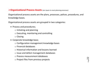 Organizational Process Assets (are inputs to most planning processes)
Organizational process assets are the plans, processes, polices, procedures, and
knowledge bases.
Organizational process assets are grouped in two categories:
   Process and procedures;
      o Initiating and planning
      o Executing, monitoring and controlling
      o Closing
   Corporate knowledge base;
      o Configuration management knowledge bases
      o Financial databases
      o Historical information and lessons learned
      o Issue and defect management databases
      o Process measurement databases




                                                                                   22
      o Project files from previous projects




                                                                                   Page
 