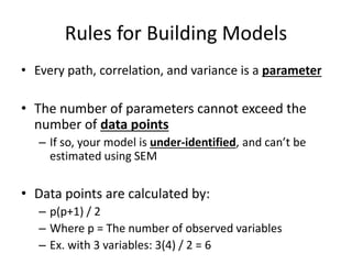 Rules for Building Models
• Every path, correlation, and variance is a parameter
• The number of parameters cannot exceed the
number of data points
– If so, your model is under-identified, and can’t be
estimated using SEM
• Data points are calculated by:
– p(p+1) / 2
– Where p = The number of observed variables
– Ex. with 3 variables: 3(4) / 2 = 6
 